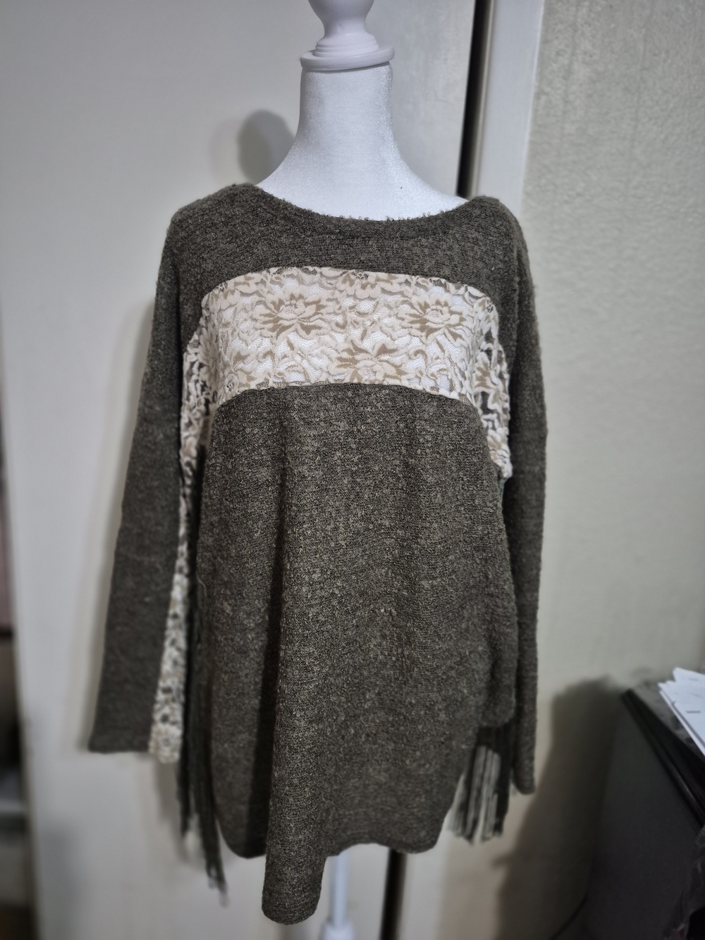 Ryu Olive and Cream Lace Panel Crewneck Sweater